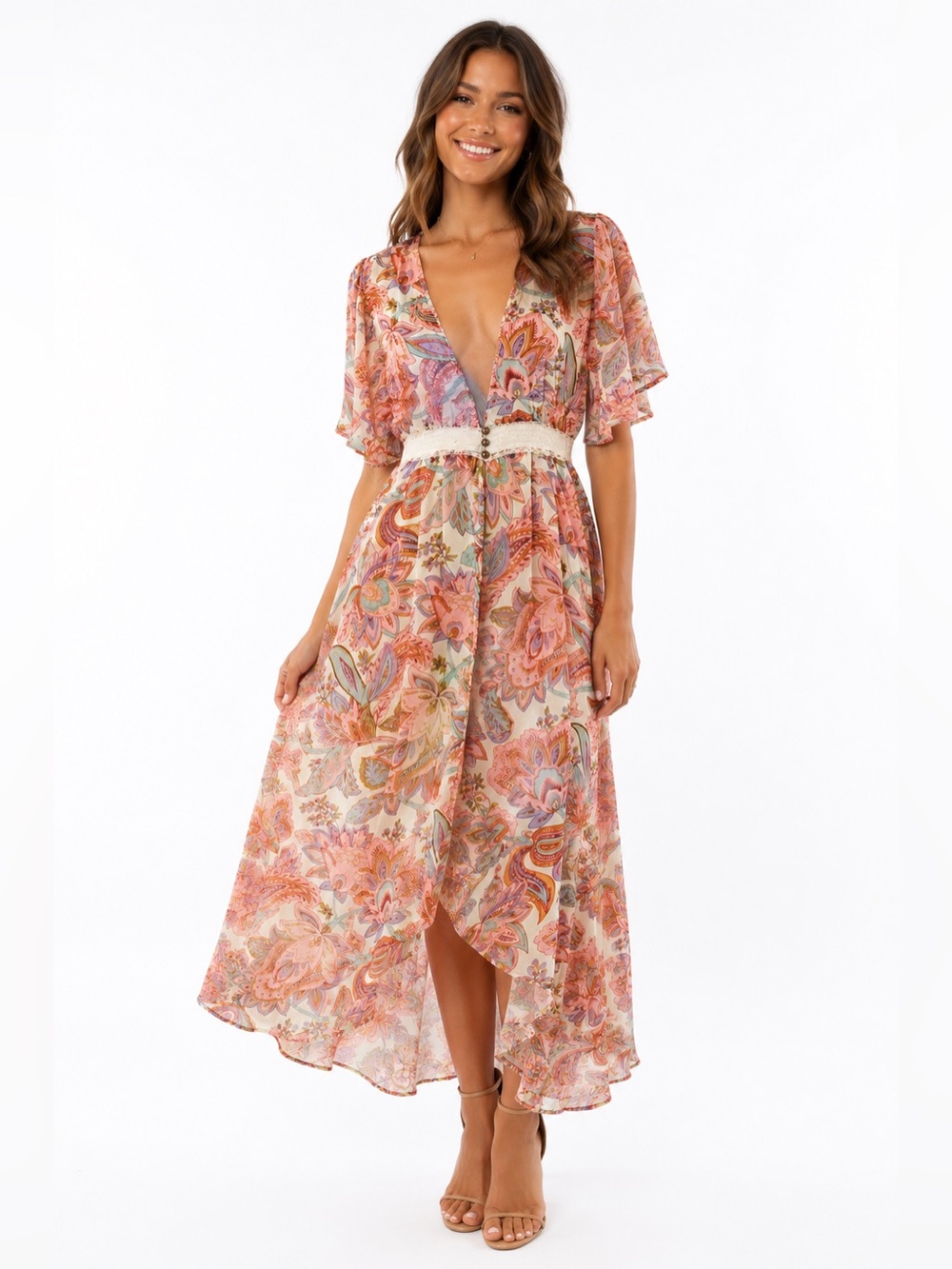 Floral High-Low duster with Lace Waist